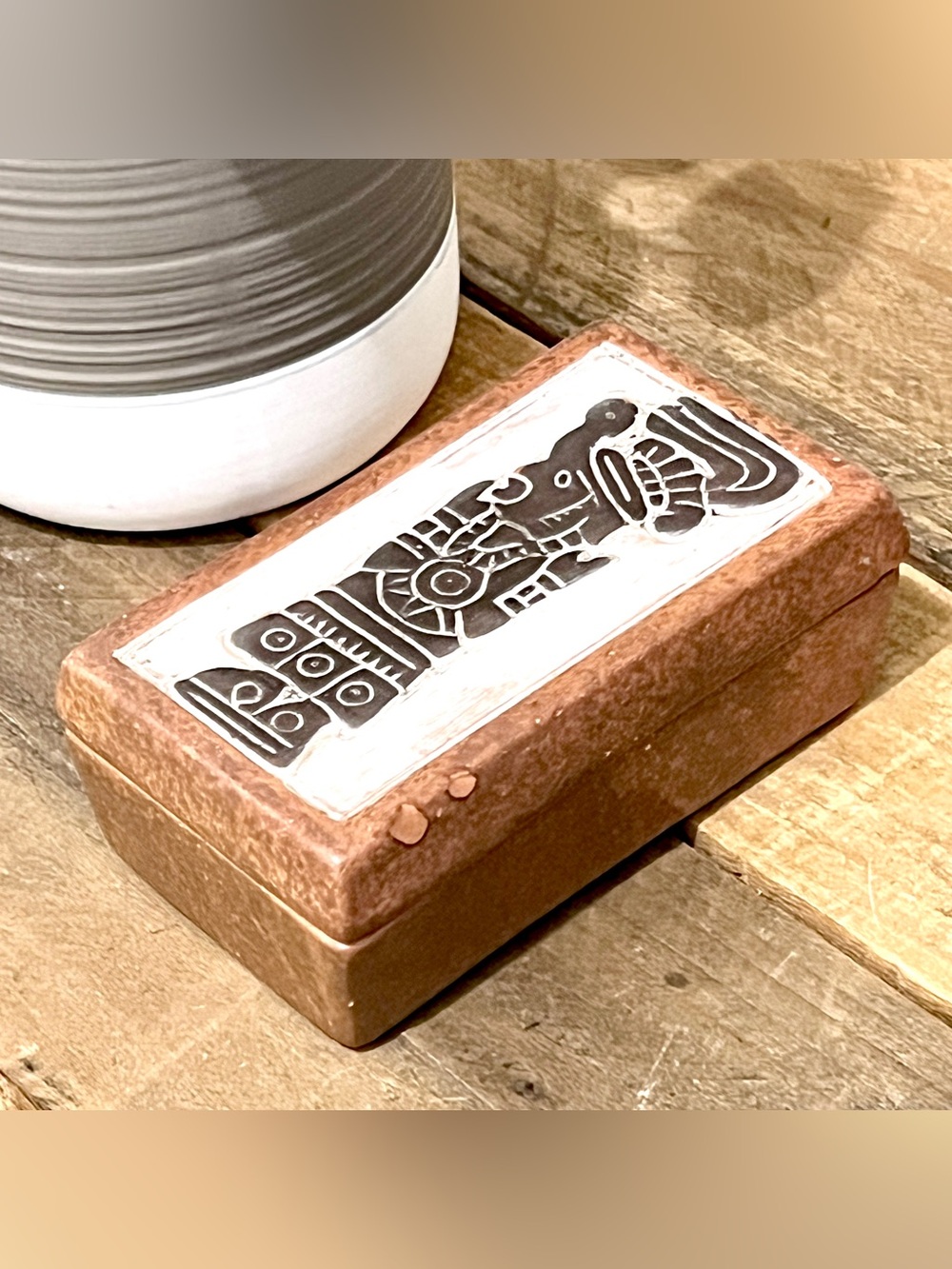 Vintage Mexican Terracotta Trinket Box Carved Mayan Aztec Glyph Lid